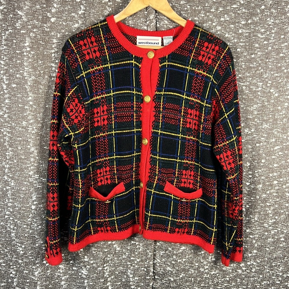 Vintage Westbound Petites Sweater Cardigan Size L Button Up‎ Plaid Red